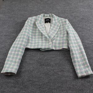 Zara Blazer Jacket Womens Medium Tweed Cropped Green Purple Plaid Academia Work